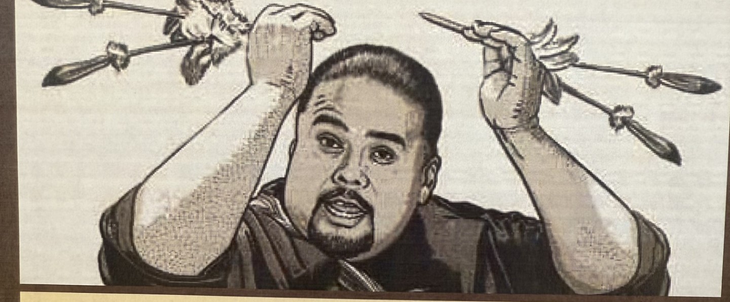 Drawing of Carlos Geisdorff holding up regalia
